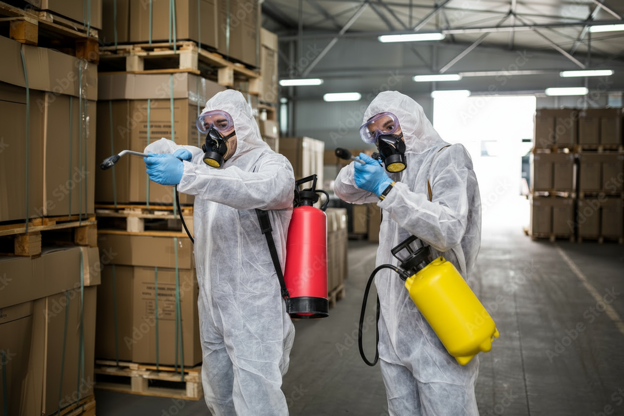 Professional pest control technicians in protective gear with commercial spray equipment